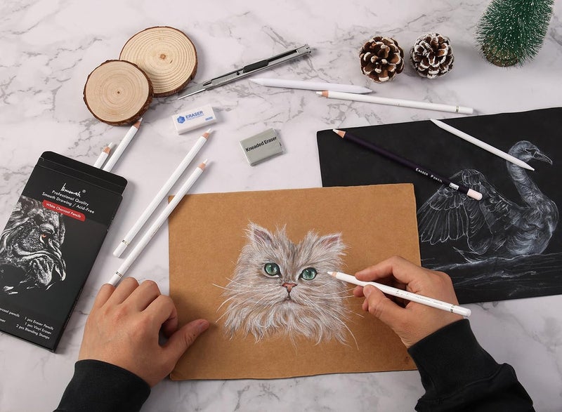 Brusarth White charcoal Pencils Set - 12 Piece Sketch Highlight White Pencils Set for Drawing, Sketching, Shading, Blending, Artist Pencils for Artists, Professionals or Beginners - Image 3
